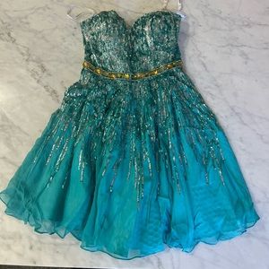 Sherri hill teal strapless silk dress size 2